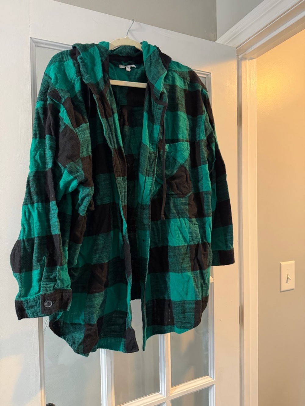 Maurices Dark Green and Black Plaid Hooded Shirt Jacket